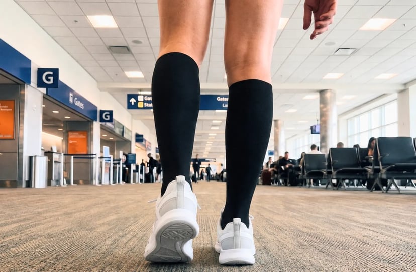 Dr. Scholl's flight socks worn in an airport departure lounge