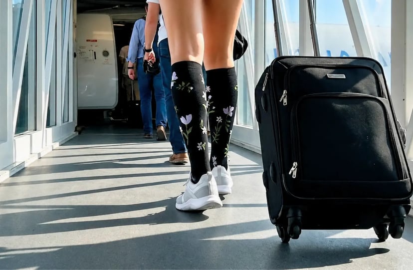 Evirelle flight socks worn while boarding a plane