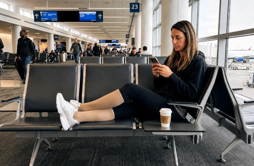 ProFoot compression socks worn in an airport departure lounge